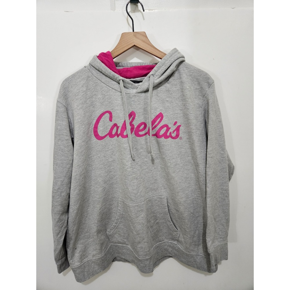 Cabelas Womens Hoodie Heather Gray Pink Logo Pullover Sweatshirt 2XL